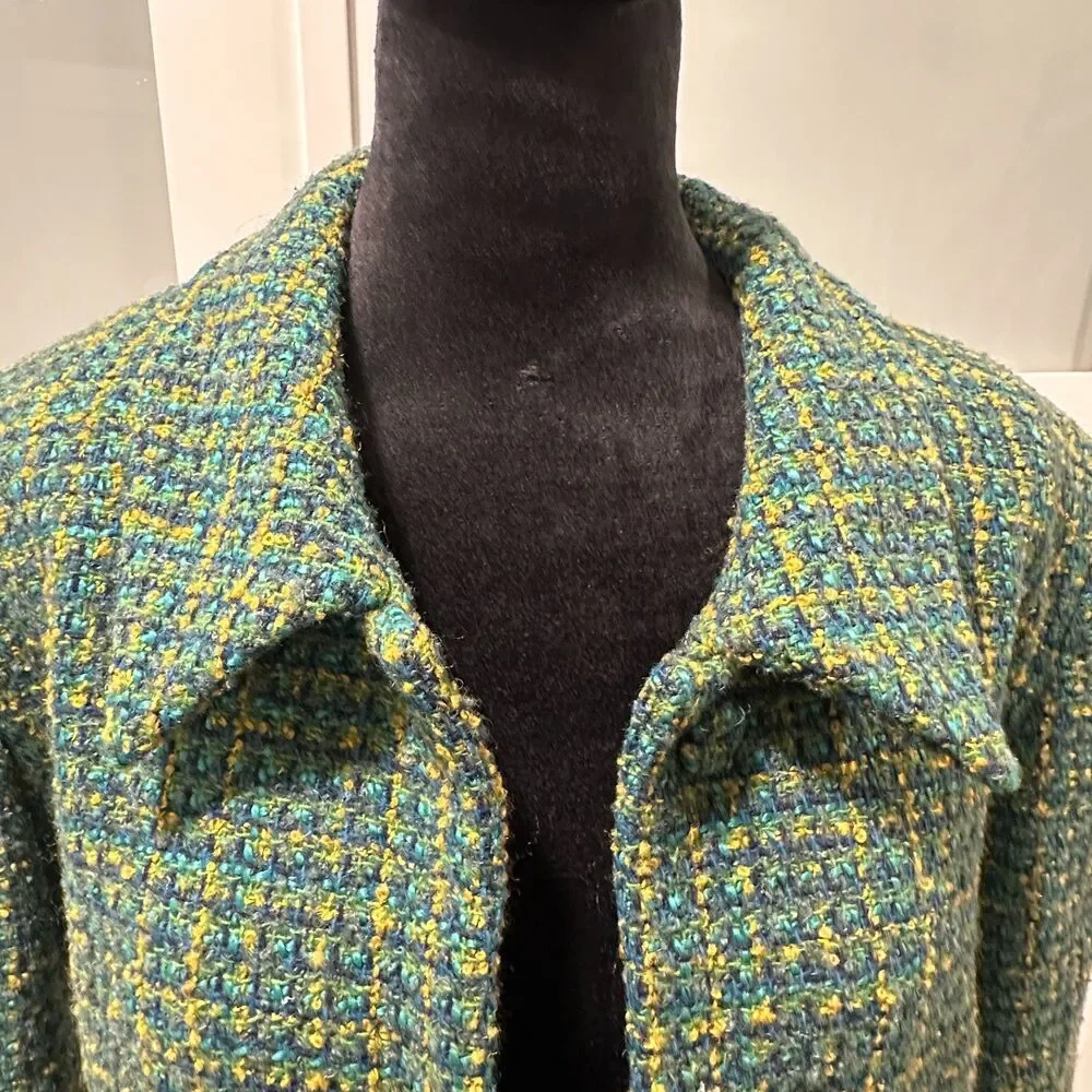Vintage 90s Esprit Green Yellow Tweed Blazer Mini Skirt Suit Set Size 5/6 Small